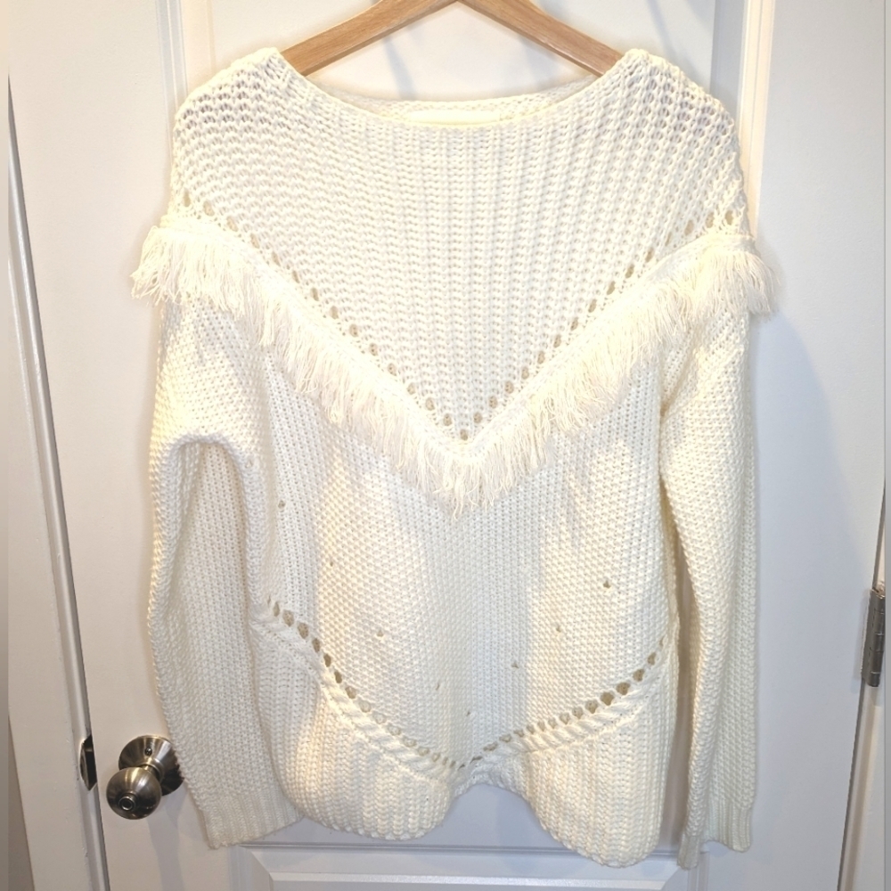 Off White Open Knit Sweater with Fringe size small